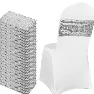 20 Count | Silver Sequin Chair Spandex Stretch Bands Wedding Dining Decor New